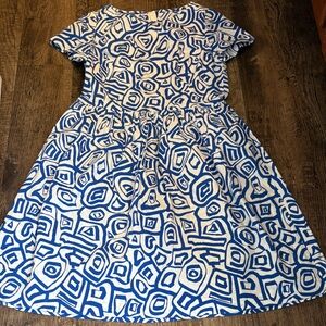 Oscar de la Renta Abstract Shapes Stretch Cotton Geometric Blue and White Dress
